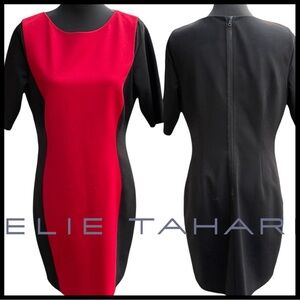 Elie Tahari Red/Black Short Sleeve Mesh Detail Knee Length Sheath Dress (12)